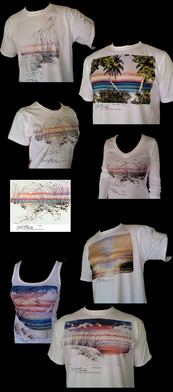 Apparel imprinted with original images by Hal Stowers, Florida environmental artist - Wearable Art from Hal Stowers Sunset Wear LIFE BLENDING® Collection - Images include 'This is Fun!" "Tropic Dreams," "Sea Space," "Great White," "Sea Oats Flight," "Sea Oats Passion."